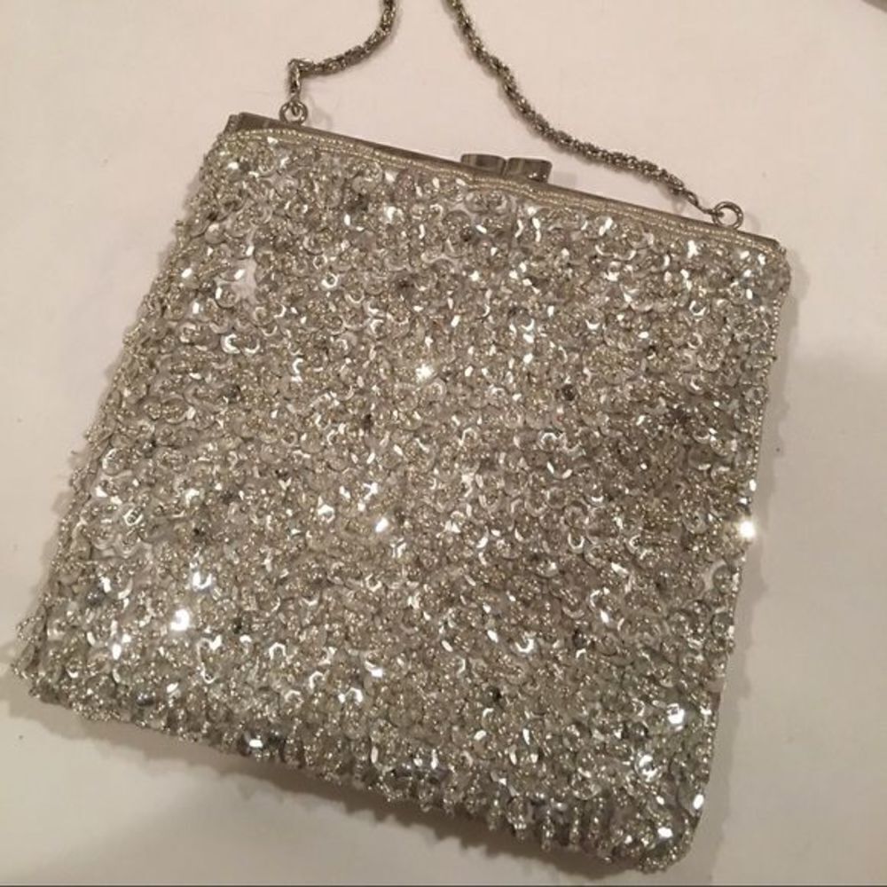 Cache Silver Sequin & Bead Square Purse